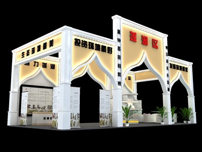 72平米展臺設(shè)計制作：四面開口/現(xiàn)代/木質(zhì)結(jié)構(gòu)/米色，為成就招商展展商而作（免費使用）