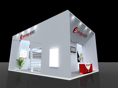 54平米展臺設(shè)計(jì)制作：三面開口/現(xiàn)代/木質(zhì)結(jié)構(gòu)/白色，為化工展展商而作（免費(fèi)使用）