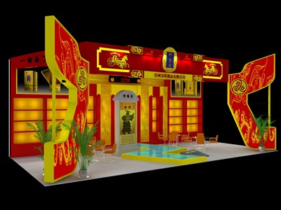 72平米展臺設計制作：三面開口/中式/木質(zhì)結(jié)構(gòu)/紅色，為糖酒展展商而作（免費使用）