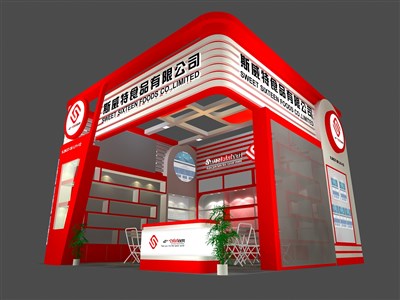 36平米展臺設(shè)計制作：一面開口/現(xiàn)代/木質(zhì)結(jié)構(gòu)/紅色，為食品展展商而作（免費使用）
