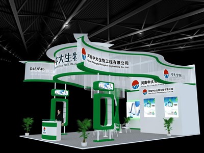 54平米展臺設計制作：三面開口/現(xiàn)代/型材結(jié)構/綠色，為醫(yī)藥展展商而作（免費使用）