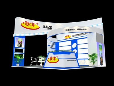 36平米展臺設計制作：三面開口/現(xiàn)代/木質(zhì)結(jié)構(gòu)/藍色，為食品展展商而作（免費使用）