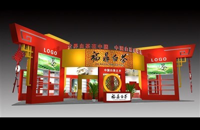 204平米展臺設(shè)計(jì)制作：三面開口/中式/木質(zhì)結(jié)構(gòu)/紅色，為茶博會展商而作（免費(fèi)使用）