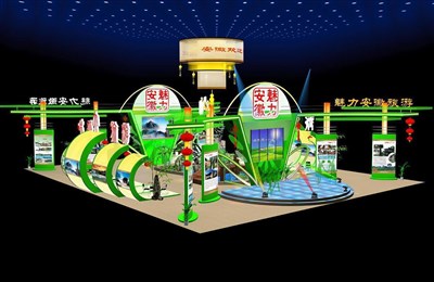 720平米展臺(tái)設(shè)計(jì)制作：四面開(kāi)口/前衛(wèi)/型材結(jié)構(gòu)/綠色，為旅游展展商而作（免費(fèi)使用）