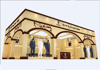 96平米展臺(tái)設(shè)計(jì)制作：二面開(kāi)口/歐式/木質(zhì)結(jié)構(gòu)/米色，為服裝展展商而作（免費(fèi)使用）