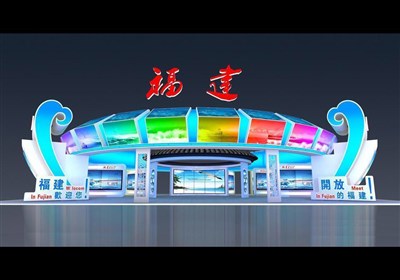 990平米展臺(tái)設(shè)計(jì)制作：四面開(kāi)口/現(xiàn)代/木質(zhì)結(jié)構(gòu)/藍(lán)色，為旅游展展商而作（免費(fèi)使用）