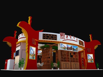 72平米展臺(tái)設(shè)計(jì)制作：四面開(kāi)口/中式/木質(zhì)結(jié)構(gòu)/紅色，為旅游展展商而作（免費(fèi)使用）