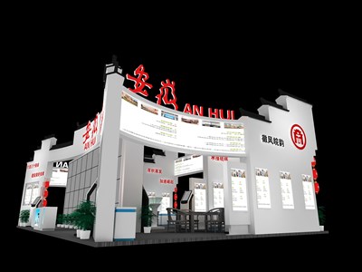 160平米展臺設計制作：四面開口/中式/木質結構/白色，為旅游展展商而作（免費使用）
