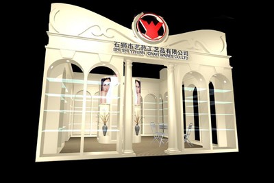 36平米展臺(tái)設(shè)計(jì)制作：二面開(kāi)口/歐式/木質(zhì)結(jié)構(gòu)/米色，為工藝品展展商而作（免費(fèi)使用）