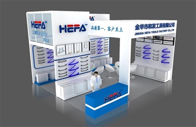 42平米展臺設計制作：三面開口/現(xiàn)代/木質結構/白色，為工具展展商而作（免費使用）