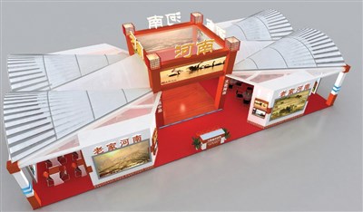 235.4平米展臺設(shè)計制作：四面開口/前衛(wèi)/桁架結(jié)構(gòu)/紅色，為旅游展展商而作（免費使用）
