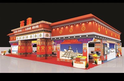 298.2平米展臺設計制作：四面開口/中式/木質(zhì)結(jié)構(gòu)/紅色，為旅游展展商而作（免費使用）