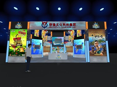 216平米展臺設(shè)計制作：三面開口/現(xiàn)代/桁架結(jié)構(gòu)/藍色，為游戲展展商而作（免費使用）