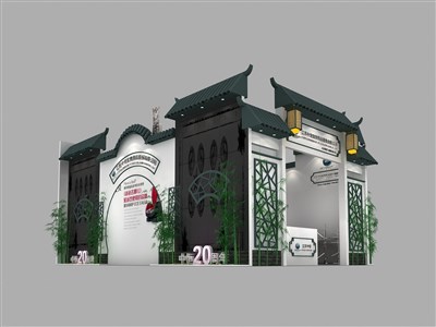 54平米展臺(tái)設(shè)計(jì)制作：一面開口/中式/木質(zhì)結(jié)構(gòu)/灰色，為寵物水族展展商而作（免費(fèi)使用）