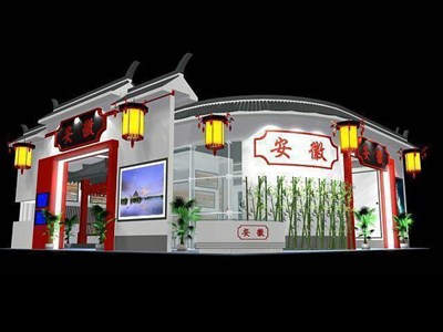 144平米展臺設計制作：四面開口/中式/木質(zhì)結(jié)構/白色，為旅游展展商而作（免費使用）