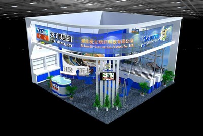 49平米展臺設(shè)計制作：二面開口/現(xiàn)代/木質(zhì)結(jié)構(gòu)/藍色，為釣具展展商而作（免費使用）