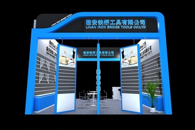 36平米展臺設(shè)計制作：二面開口/現(xiàn)代/木質(zhì)結(jié)構(gòu)/藍(lán)色，為工具展展商而作（免費使用）