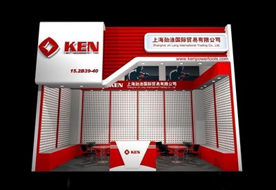 18平米展臺設(shè)計制作：一面開口/現(xiàn)代/木質(zhì)結(jié)構(gòu)/紅色，為工具展展商而作（免費使用）