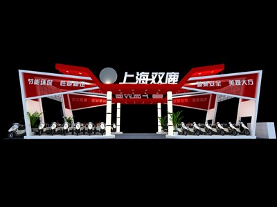 90平米展臺設計制作：二面開口/現(xiàn)代/木質結構/紅色，為單/摩托車展商而作（免費使用）