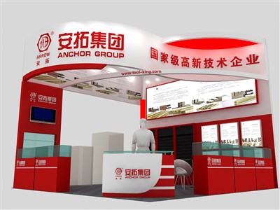 36平米展臺設(shè)計(jì)制作：二面開口/現(xiàn)代/木質(zhì)結(jié)構(gòu)/紅色，為建材展展商而作（免費(fèi)使用）