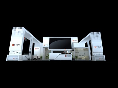 117平米展臺設(shè)計制作：三面開口/現(xiàn)代/木質(zhì)結(jié)構(gòu)/白色，為能源展展商而作（免費(fèi)使用）