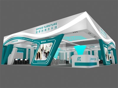 187.5平米展臺設計制作：二面開口/現(xiàn)代/木質結構/綠色，為家具展展商而作（免費使用）
