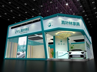 187.5平米展臺設計制作：二面開口/現(xiàn)代/木質結構/綠色，為家具展展商而作（免費使用）