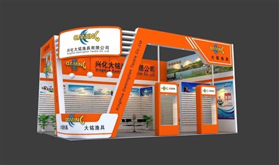 54平米展臺(tái)設(shè)計(jì)制作：二面開口/現(xiàn)代/木質(zhì)結(jié)構(gòu)/橙色，為釣具展展商而作（免費(fèi)使用）