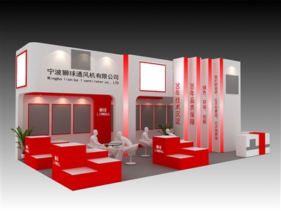 60平米展臺設(shè)計制作：二面開口/現(xiàn)代/木質(zhì)結(jié)構(gòu)/紅色，為機械展展商而作（免費使用）