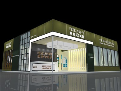 169平米展臺設計制作：二面開口/現(xiàn)代/木質結構/綠色，為家具展展商而作（免費使用）