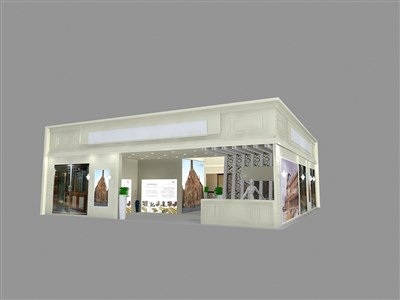 144平米展臺設(shè)計(jì)制作：二面開口/歐式/木質(zhì)結(jié)構(gòu)/灰色，為建材展展商而作（免費(fèi)使用）