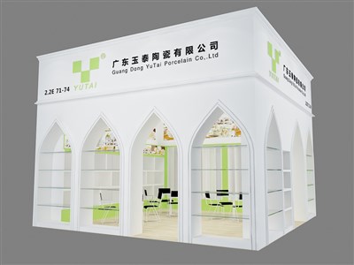 36平米展臺(tái)設(shè)計(jì)制作：二面開口/現(xiàn)代/木質(zhì)結(jié)構(gòu)/白色，為日用品展展商而作（免費(fèi)使用）