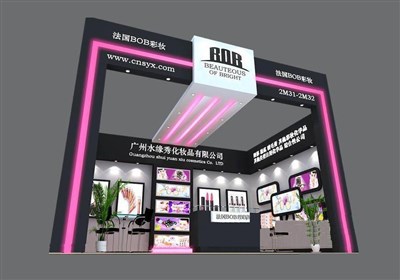 24平米展臺(tái)設(shè)計(jì)制作：一面開口/現(xiàn)代/木質(zhì)結(jié)構(gòu)/粉色，為美博會(huì)展商而作（免費(fèi)使用）
