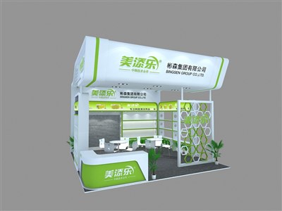 36平米展臺設(shè)計(jì)制作：一面開口/現(xiàn)代/木質(zhì)結(jié)構(gòu)/綠色，為日用品展展商而作（免費(fèi)使用）