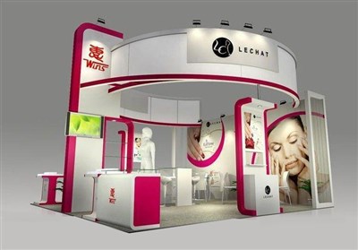 36平米展臺設(shè)計制作：三面開口/現(xiàn)代/木質(zhì)結(jié)構(gòu)/粉色，為美博會展商而作（免費使用）