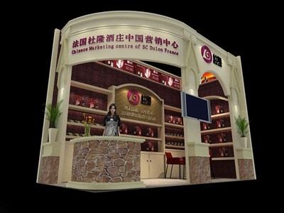 18平米展臺設(shè)計(jì)制作：二面開口/歐式/木質(zhì)結(jié)構(gòu)/米色，為糖酒展展商而作（免費(fèi)使用）