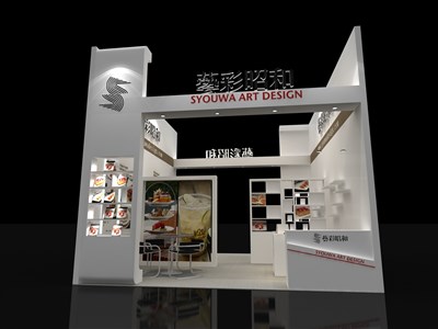 30平米展臺設計制作：二面開口/現(xiàn)代/木質結構/白色，為文具圖書展展商而作（免費使用）