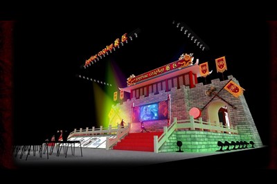720平米展臺設(shè)計制作：四面開口/中式/木質(zhì)結(jié)構(gòu)/彩色，為舞臺開幕式展商而作（免費(fèi)使用）