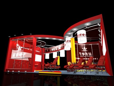 54平米展臺設(shè)計制作：二面開口/前衛(wèi)/木質(zhì)結(jié)構(gòu)/紅色，為體博會展商而作（免費(fèi)使用）