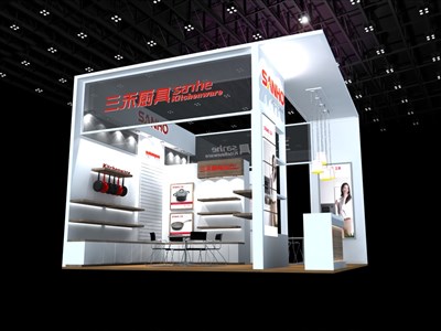 36平米展臺(tái)設(shè)計(jì)制作：二面開口/現(xiàn)代/木質(zhì)結(jié)構(gòu)/白色，為日用品展展商而作（免費(fèi)使用）