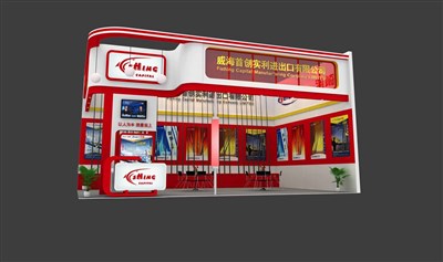 54平米展臺(tái)設(shè)計(jì)制作：二面開口/現(xiàn)代/木質(zhì)結(jié)構(gòu)/紅色，為釣具展展商而作（免費(fèi)使用）