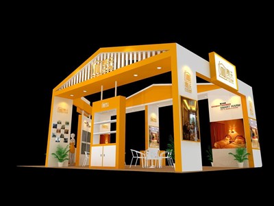 60平米展臺設計制作：四面開口/現(xiàn)代/木質結構/黃色，為綜合展展商而作（免費使用）