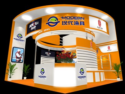36平米展臺設(shè)計制作：三面開口/現(xiàn)代/木質(zhì)結(jié)構(gòu)/橙色，為釣具展展商而作（免費使用）