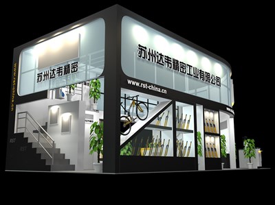 72平米展臺(tái)設(shè)計(jì)制作：一面開口/中式/雙層結(jié)構(gòu)/藍(lán)色，為單/摩托車展商而作（免費(fèi)使用）
