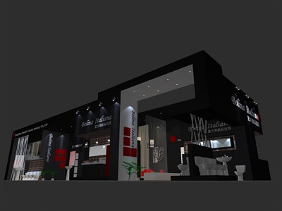 184平米展臺設計制作：二面開口/現代/木質結構/黑色，為衛(wèi)浴展展商而作（免費使用）