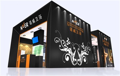 81.6平米展臺設計制作：三面開口/現(xiàn)代/木質(zhì)結(jié)構/黑色，為衛(wèi)浴展展商而作（免費使用）