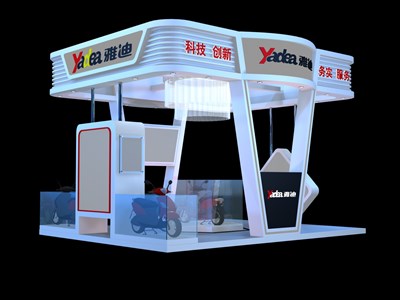 20平米展臺設(shè)計制作：四面開口/中式/桁架結(jié)構(gòu)/藍色，為單/摩托車展商而作（免費使用）