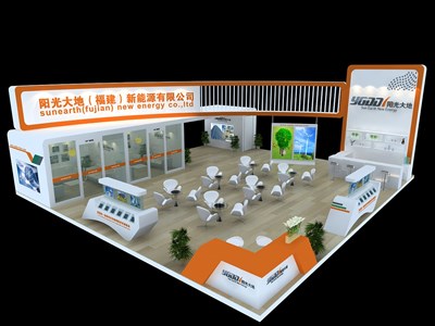 156平米展臺設(shè)計制作：四面開口/現(xiàn)代/木質(zhì)結(jié)構(gòu)/橙色，為光伏展展商而作（免費(fèi)使用）