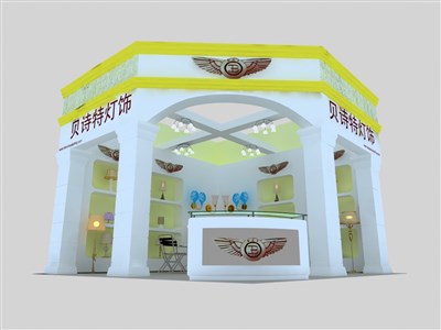 36平米展臺(tái)設(shè)計(jì)制作：二面開口/現(xiàn)代/木質(zhì)結(jié)構(gòu)/黃色，為照明展展商而作（免費(fèi)使用）
