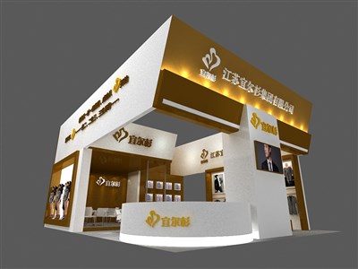108平米展臺(tái)設(shè)計(jì)制作：三面開口/現(xiàn)代/木質(zhì)結(jié)構(gòu)/黃色，為服裝展展商而作（免費(fèi)使用）